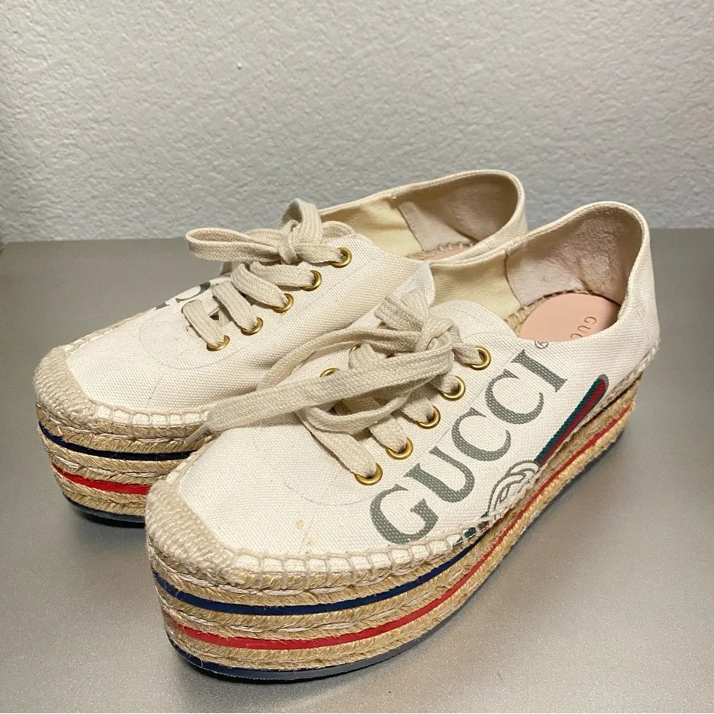 EUC/LIKE NEW Gucci Logo Platform Espadrilles Canvas in Off-White - Size EU 34